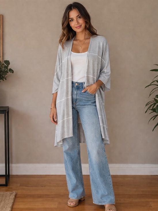 Gentle Fawn Sweaters - Gentle Fawn Light Gray Striped Open Front Cardigan